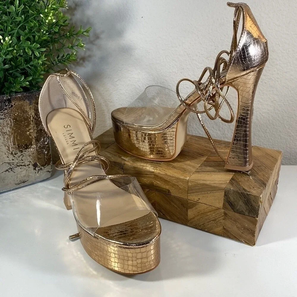 Clearance! Simmi Emma Croc Print Platform‎ Gladiator in Rose Gold Glam Bodycon 7